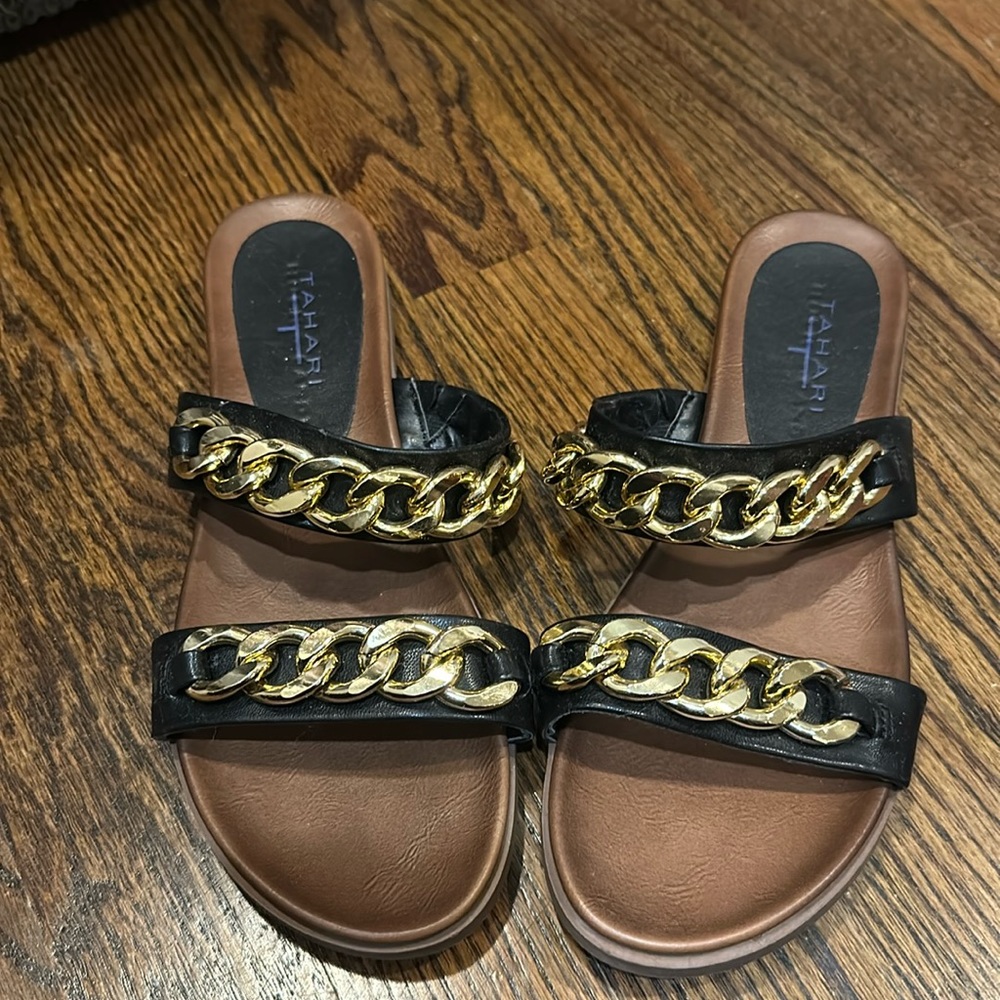 Tahari strapped gold chain embellished sandals